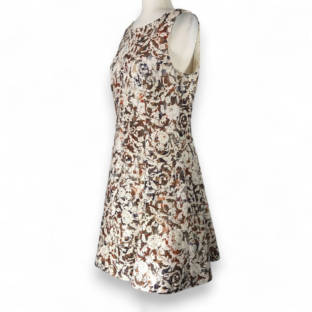 Alex‎ Marie Fit Flare Dress Floral Jacquard Sleeveless V Back Brown Ivory 8